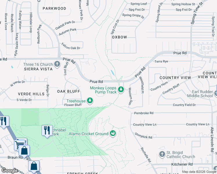 map of restaurants, bars, coffee shops, grocery stores, and more near 10206 Elizabeth Court in San Antonio