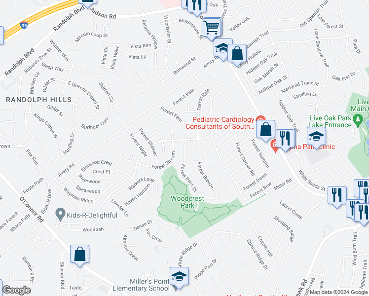 map of restaurants, bars, coffee shops, grocery stores, and more near 11231 Forest Pass Ct in San Antonio