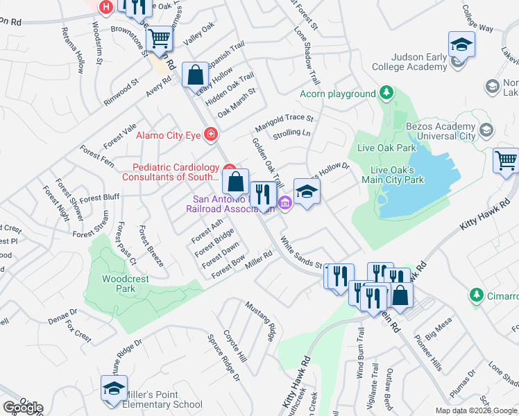map of restaurants, bars, coffee shops, grocery stores, and more near 11209 Champion Oak in Live Oak