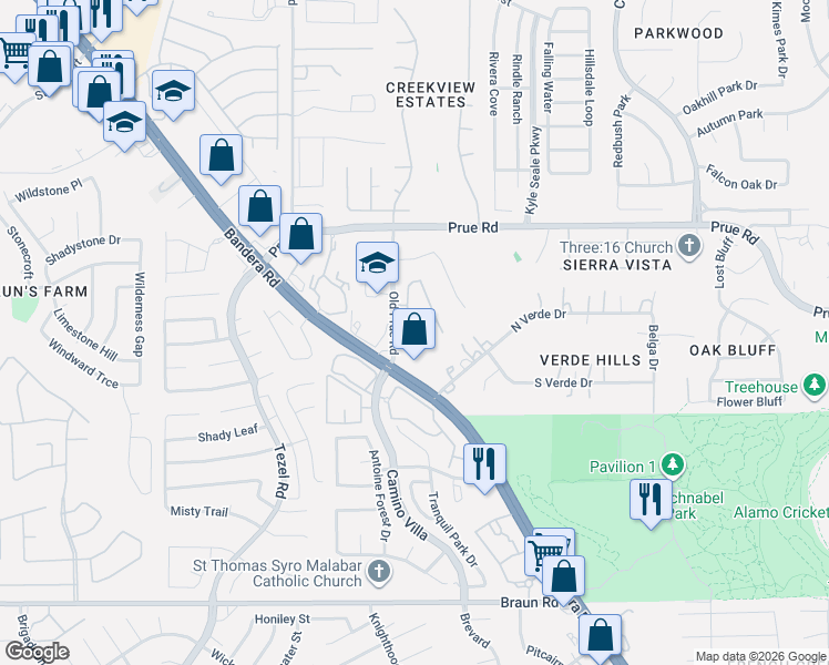 map of restaurants, bars, coffee shops, grocery stores, and more near 8410 Avalon Star in San Antonio