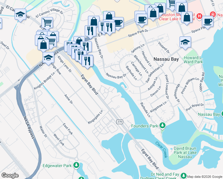 map of restaurants, bars, coffee shops, grocery stores, and more near 18519 Egret Bay Boulevard in Houston