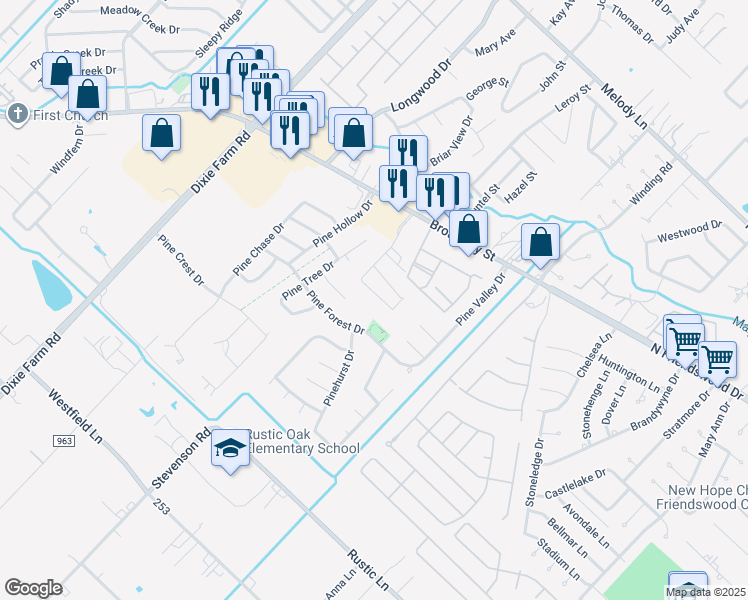 map of restaurants, bars, coffee shops, grocery stores, and more near 1306 Lucas Street in Pearland