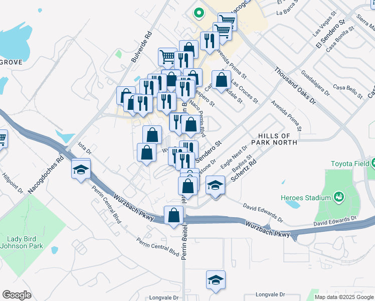 map of restaurants, bars, coffee shops, grocery stores, and more near 11200 Perrin Beitel Road in San Antonio
