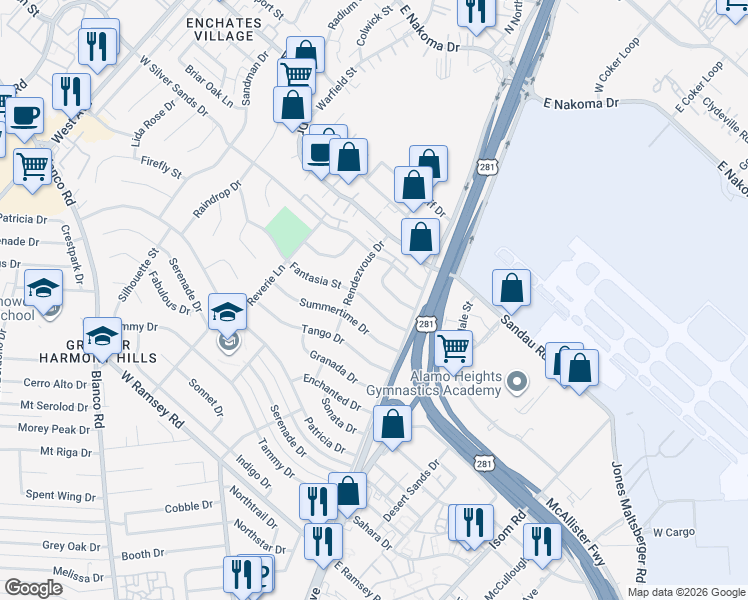 map of restaurants, bars, coffee shops, grocery stores, and more near 135 Fantasia Drive in San Antonio