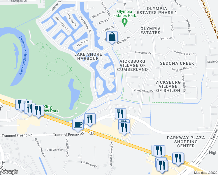 map of restaurants, bars, coffee shops, grocery stores, and more near 3022 Pelican Cove in Missouri City