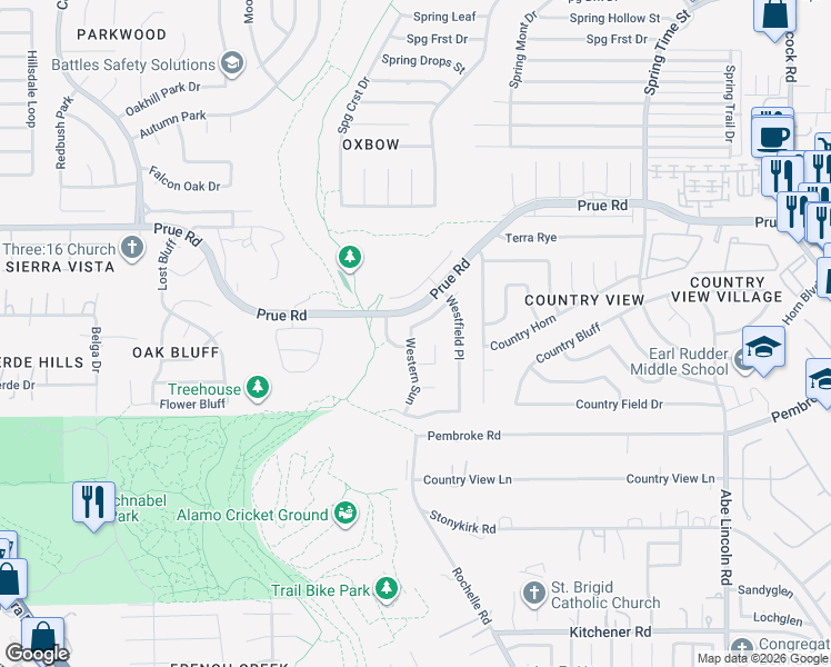 map of restaurants, bars, coffee shops, grocery stores, and more near 7038 Rosefield in San Antonio