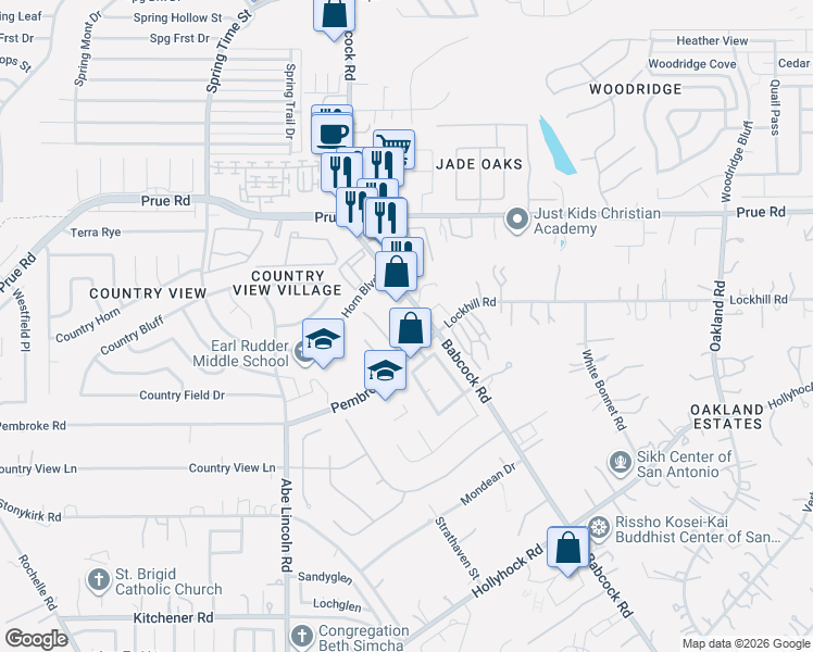 map of restaurants, bars, coffee shops, grocery stores, and more near 6316 Babcock Road in San Antonio