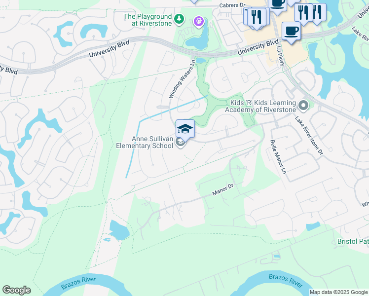 map of restaurants, bars, coffee shops, grocery stores, and more near 17828 Winding Waters Lane in Sugar Land