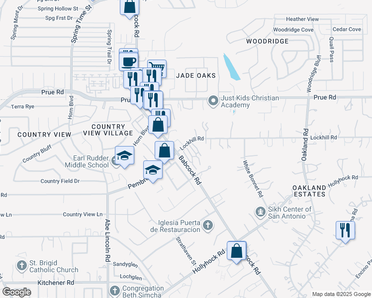 map of restaurants, bars, coffee shops, grocery stores, and more near 6298 Lockhill Road in San Antonio