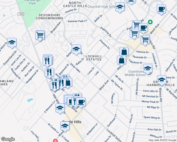 map of restaurants, bars, coffee shops, grocery stores, and more near 11114 Amhurst Drive in San Antonio