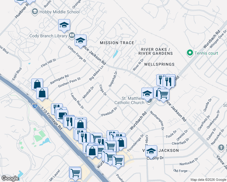 map of restaurants, bars, coffee shops, grocery stores, and more near 3523 Knotty Ash Drive in San Antonio