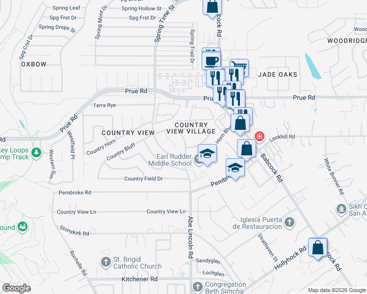 map of restaurants, bars, coffee shops, grocery stores, and more near 10463 Trailway Oak in San Antonio