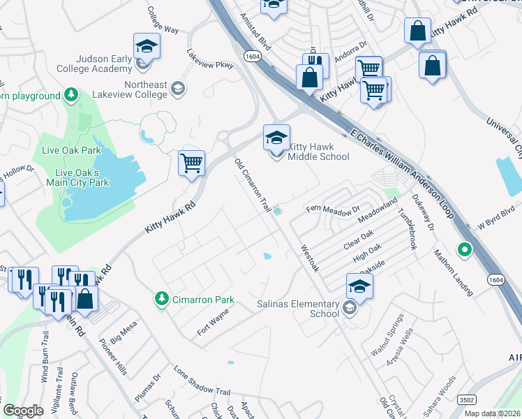 map of restaurants, bars, coffee shops, grocery stores, and more near 201 Rustic Springs in Universal City