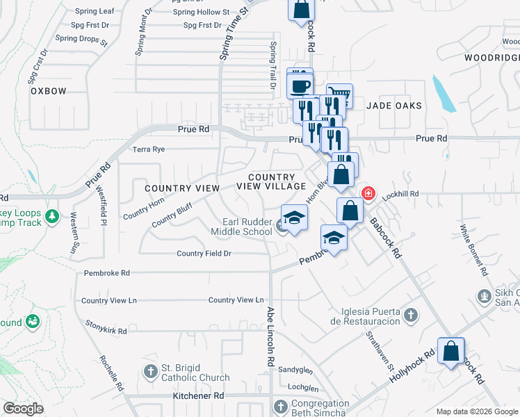 map of restaurants, bars, coffee shops, grocery stores, and more near 10463 Trailway Oak in San Antonio