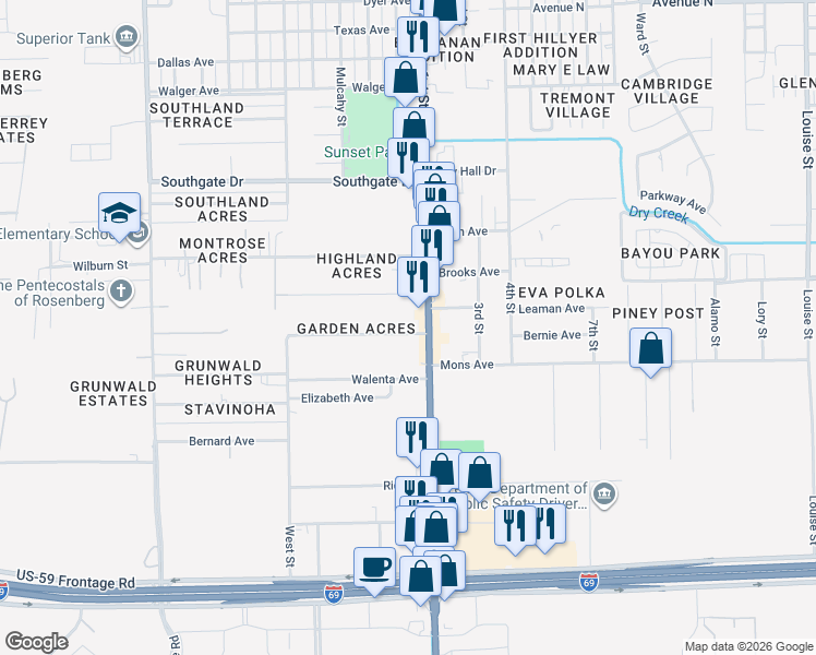 map of restaurants, bars, coffee shops, grocery stores, and more near 1707 Bernie Avenue in Rosenberg