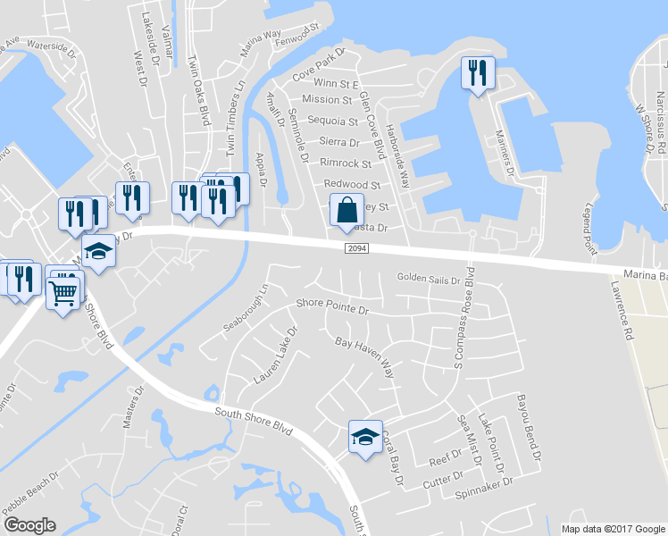 map of restaurants, bars, coffee shops, grocery stores, and more near 2104 Island Villas Drive in League City