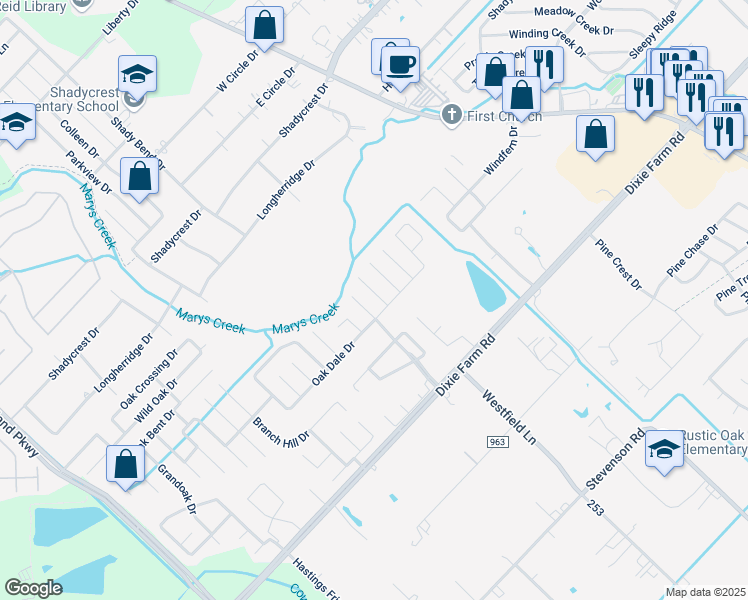 map of restaurants, bars, coffee shops, grocery stores, and more near 1806 Oak Gate Circle in Pearland