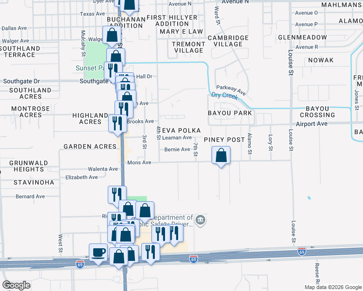 map of restaurants, bars, coffee shops, grocery stores, and more near 2207 Bernie Avenue in Rosenberg