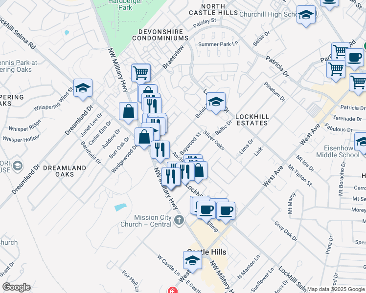 map of restaurants, bars, coffee shops, grocery stores, and more near 11023 Baywood Street in San Antonio
