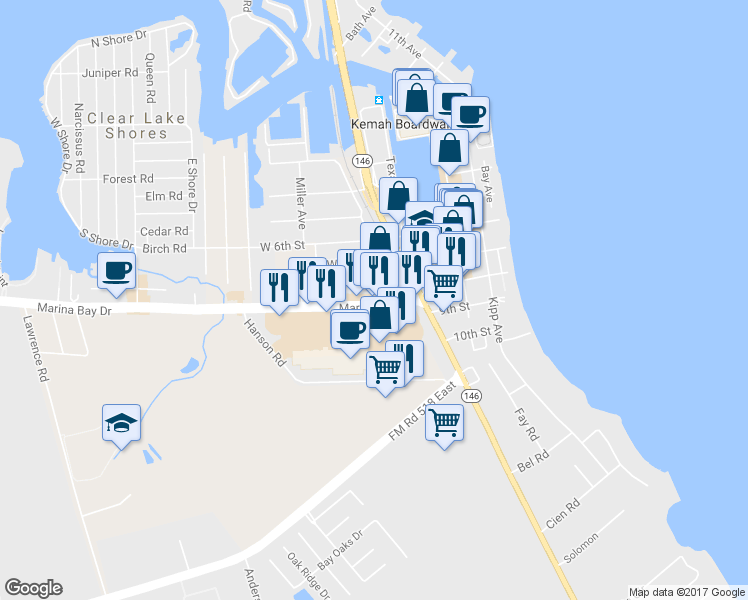 map of restaurants, bars, coffee shops, grocery stores, and more near 206 Marina Bay Dr in Kemah