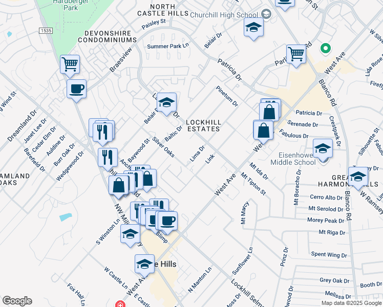 map of restaurants, bars, coffee shops, grocery stores, and more near 11114 Amhurst Drive in San Antonio