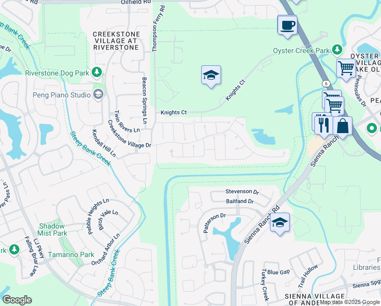 map of restaurants, bars, coffee shops, grocery stores, and more near 5718 Aubrey Oaks Court in Sugar Land