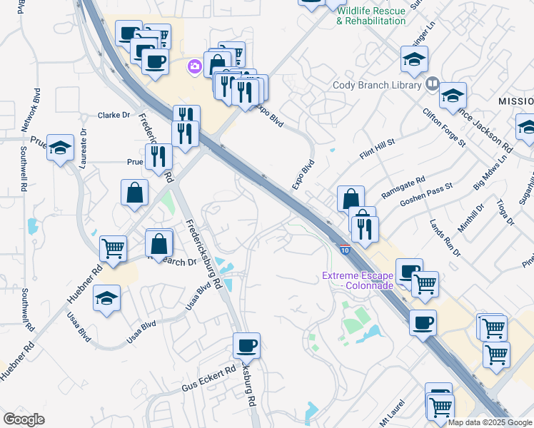 map of restaurants, bars, coffee shops, grocery stores, and more near 10750 McDermott Freeway in San Antonio