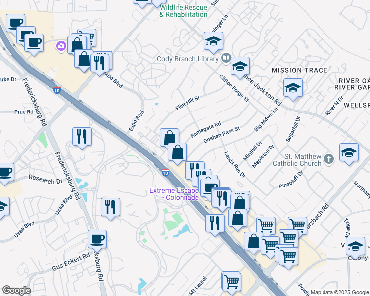map of restaurants, bars, coffee shops, grocery stores, and more near 4339 Ramsgate Street in San Antonio