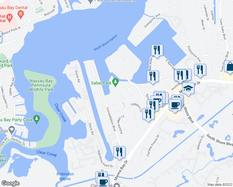 map of restaurants, bars, coffee shops, grocery stores, and more near 314 Shore Breeze Lane in League City