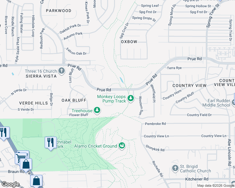 map of restaurants, bars, coffee shops, grocery stores, and more near 10206 Elizabeth Court in San Antonio