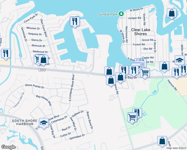 map of restaurants, bars, coffee shops, grocery stores, and more near 1437 Marina Bay Drive in Kemah
