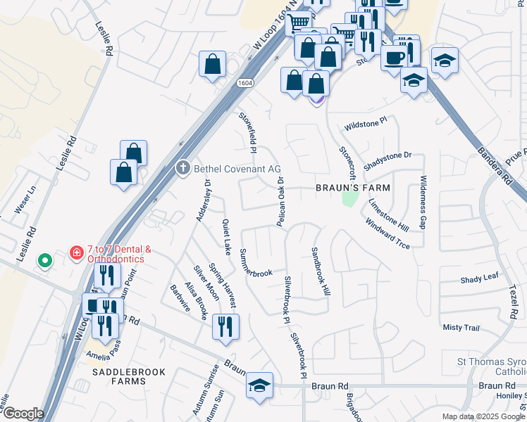 map of restaurants, bars, coffee shops, grocery stores, and more near 9622 Elmstone Drive in San Antonio