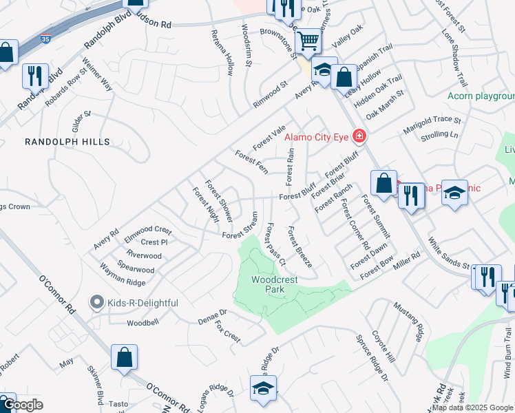 map of restaurants, bars, coffee shops, grocery stores, and more near 7636 Forest Stream in Live Oak
