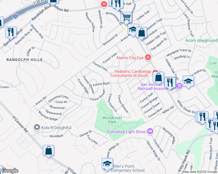 map of restaurants, bars, coffee shops, grocery stores, and more near 7636 Forest Stream in Live Oak
