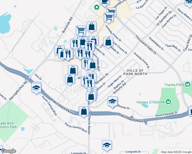 map of restaurants, bars, coffee shops, grocery stores, and more near 11200 Perrin Beitel Road in San Antonio