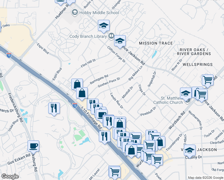 map of restaurants, bars, coffee shops, grocery stores, and more near 10915 Meadowhome Street in San Antonio