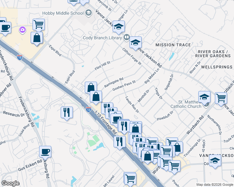 map of restaurants, bars, coffee shops, grocery stores, and more near 4215 Big Meadows Street in San Antonio