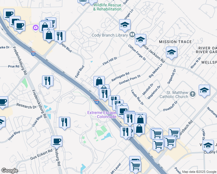 map of restaurants, bars, coffee shops, grocery stores, and more near 4339 Ramsgate Street in San Antonio