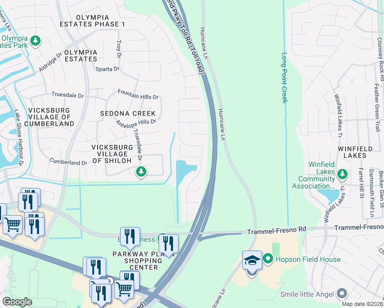 map of restaurants, bars, coffee shops, grocery stores, and more near 3338 Dry Creek Drive in Missouri City