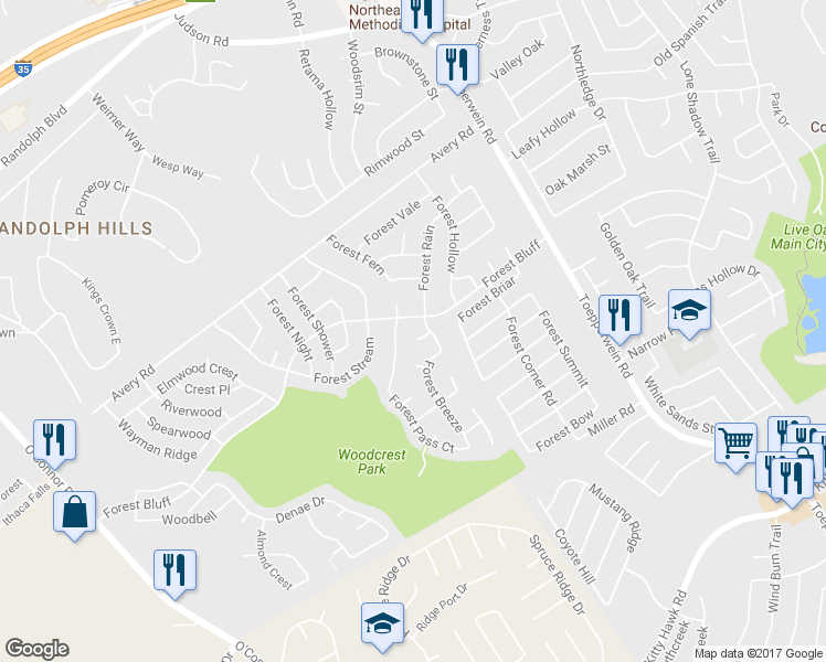 map of restaurants, bars, coffee shops, grocery stores, and more near 7703 Forest Gnome Court in Live Oak