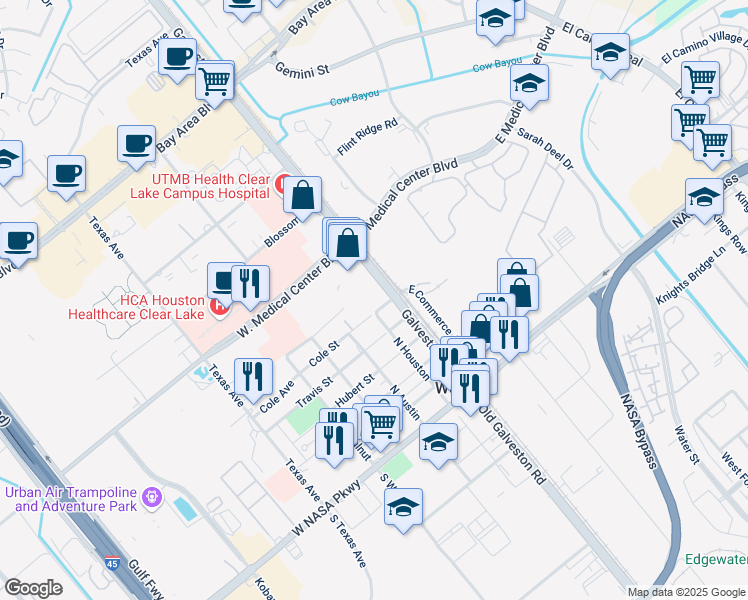 map of restaurants, bars, coffee shops, grocery stores, and more near 17490 Texas 3 in Webster