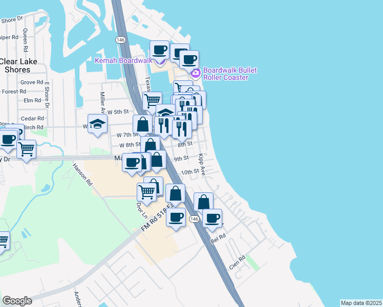 map of restaurants, bars, coffee shops, grocery stores, and more near 811 Bradford Avenue in Kemah
