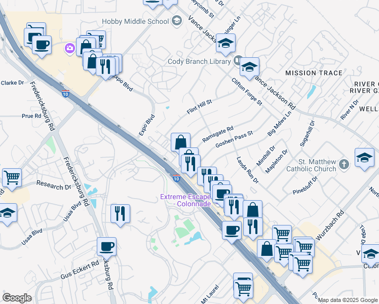 map of restaurants, bars, coffee shops, grocery stores, and more near 4339 Ramsgate Street in San Antonio