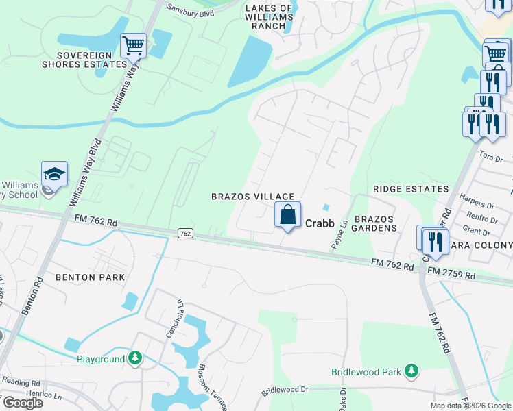 map of restaurants, bars, coffee shops, grocery stores, and more near 154 Big Thicket Drive in Richmond