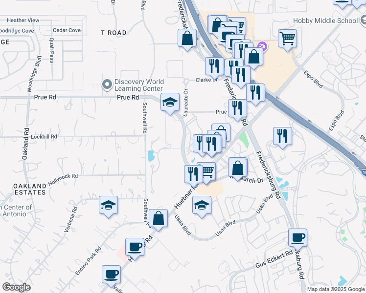 map of restaurants, bars, coffee shops, grocery stores, and more near 5506 Research Drive in San Antonio
