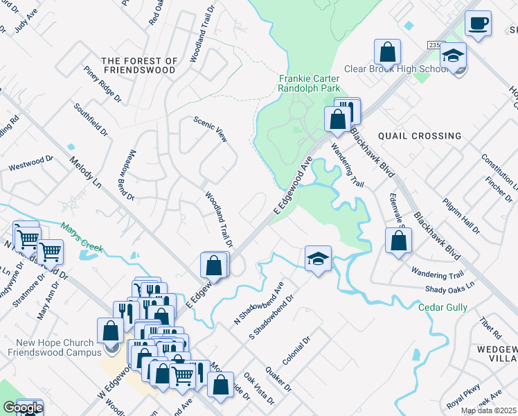 map of restaurants, bars, coffee shops, grocery stores, and more near 108 Cherry Tree Lane in Friendswood