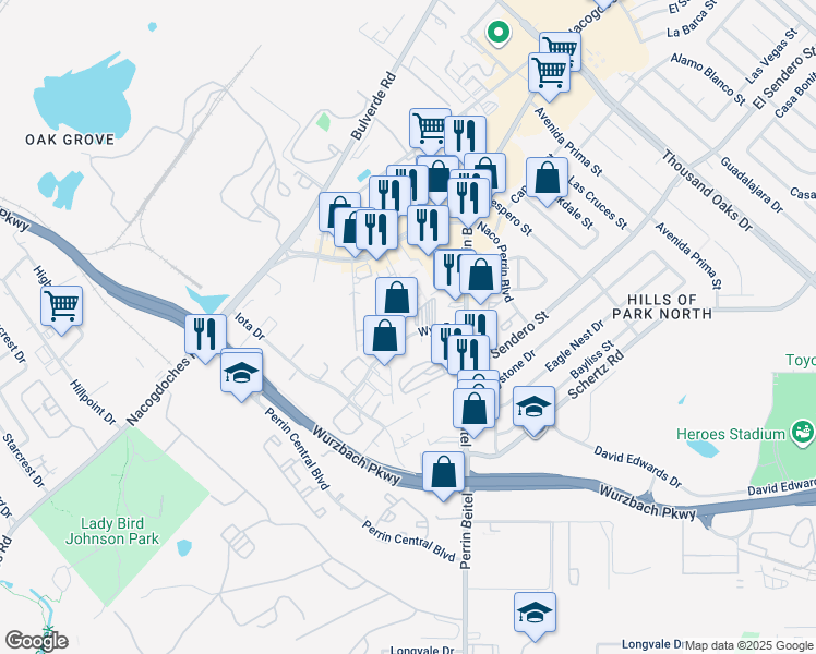 map of restaurants, bars, coffee shops, grocery stores, and more near 11051 Wye Drive in San Antonio