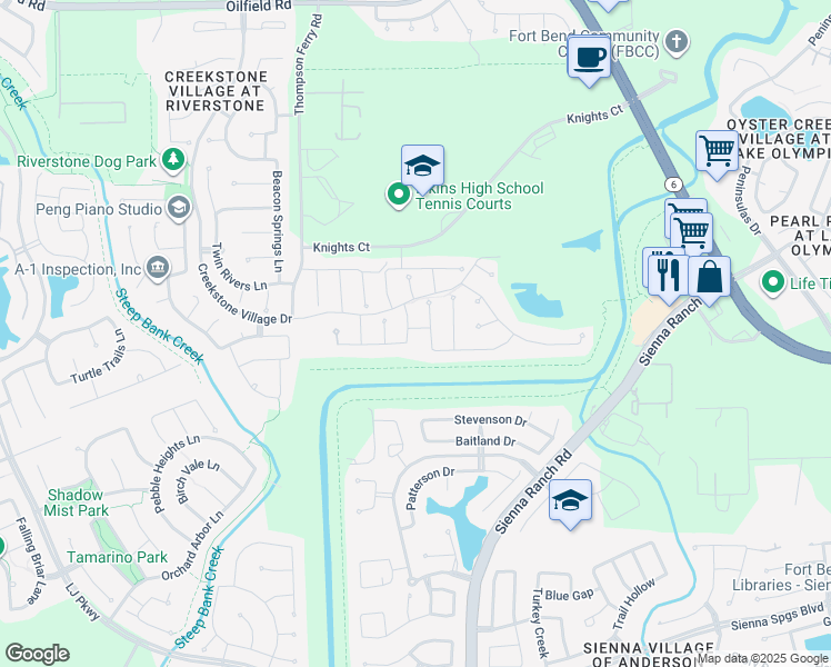 map of restaurants, bars, coffee shops, grocery stores, and more near 3423 Canton Hills Lane in Sugar Land