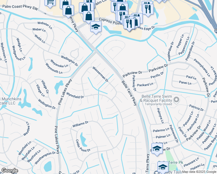 map of restaurants, bars, coffee shops, grocery stores, and more near 3 Washburn Place in Palm Coast