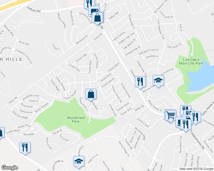 map of restaurants, bars, coffee shops, grocery stores, and more near 7810 Forest Ranch in Live Oak